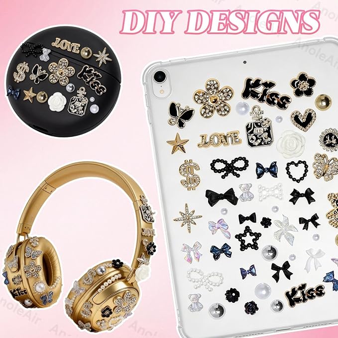 Magic Black Junk Case Charms Kit, Mixed Gold Silver Black Flatback Resin Pearls Rhinestones Bedazzling Kit, Punk Big Junk Phone Cases Charm, Heart Star Bow Flower Charms for Phone Case DIY Crafts