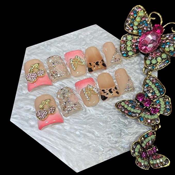 Handmade Press on Nails Short Duck Shape - Leopard Print & Full Diamond Cherry Design, Pink Acrylic Reusable False Nails with Gold Leaves & Butterfly, Unique 3D Nail Art Set (Jewel Orchard, M)
