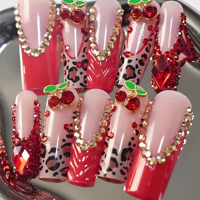 Red French Tip Press on Nails Long Square Fake Nails Glossy Glue on Nail with with Bow Charm Rhinestone Bling Acrylic False Nails Brown Cheeatah Artificial Nails Stick on Nail for Women