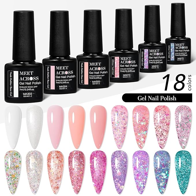 MEET ACROSS Gel Nail Polish Set White Pink Rubber Base Gel Polish + Glitter Gel Nail Polish Pink Purple Sparkly Sequins Nail Polish Manicure Kit 18 Colors
