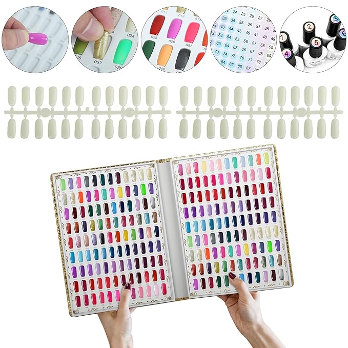 216 Colors Nail Swatches Book with 240 Nail Tips and Number Labels Leather Nail Gel Polish Display Book Nail Painting Practice Design Board No Need Pasting, No Need Glue