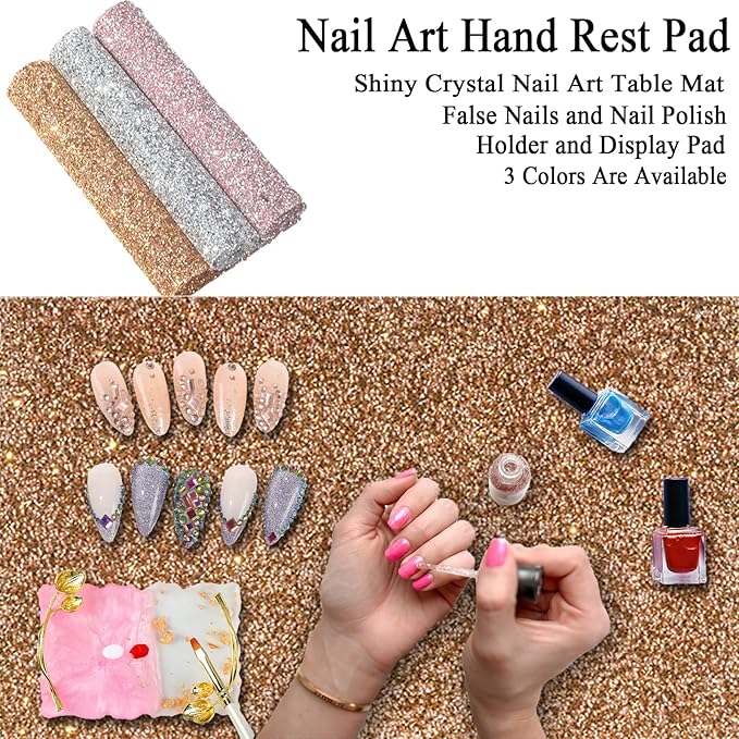 Crystal Nail Art Table Mat Shiny Manicure Hand Rest Pad Foldable Arm Rest for Nails Tech Practice Hand Holder Makeup Mat for Vanity Nail Art Tools