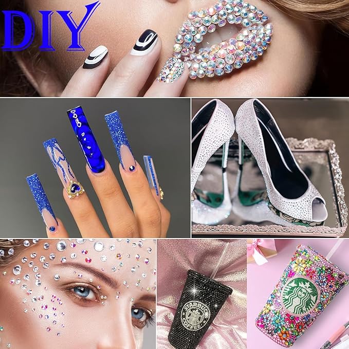 Canvalite 1500PCS Blue Rhinestones Flat Back Gems, Nail Rhinestones Nail Art Gems with Pick Up Tweezers and Rhinestone Picker Dotting Pen, Nail Art Tools for Nails, Clothes, Face, Craft…