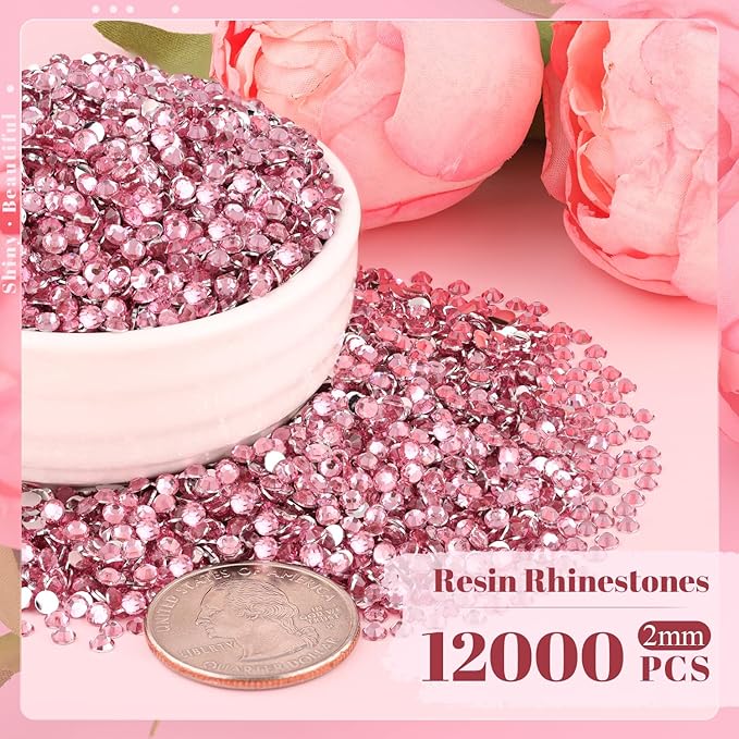 12000PCS 2mm Resin Rhinestones Bulk for Crafting (Dark Pink), Flatback Bedazzling Crystals for Crafts DIY Nail Decoration, Gems Charms for Tumbler Shoes Clothing Fabric with Pickup Pen and Tweezers