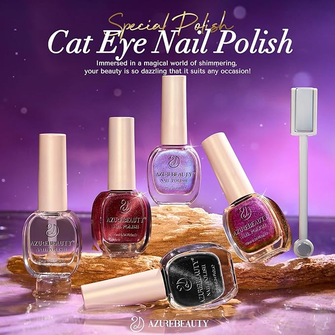 AZUREBEAUTY Cat Eye Nail Polish Set Quick Dry Mooncat Glitter Holographic Purple Black Red 4 Colors Natural Fingernail with Top Coat DIY Salon Home no Gel