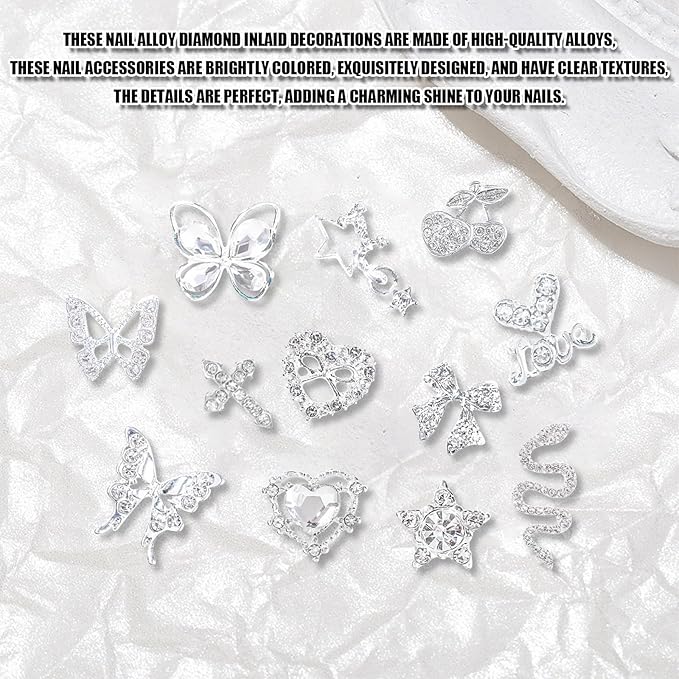 3D Nail Charms,24Pcs Love Heart Star Cross Cherry Butterfly Bow Nail Rhinestone Charms,Metal Alloy Nail Art Decorations for Manicure Design Accessories DIY Crafts (A Silver)