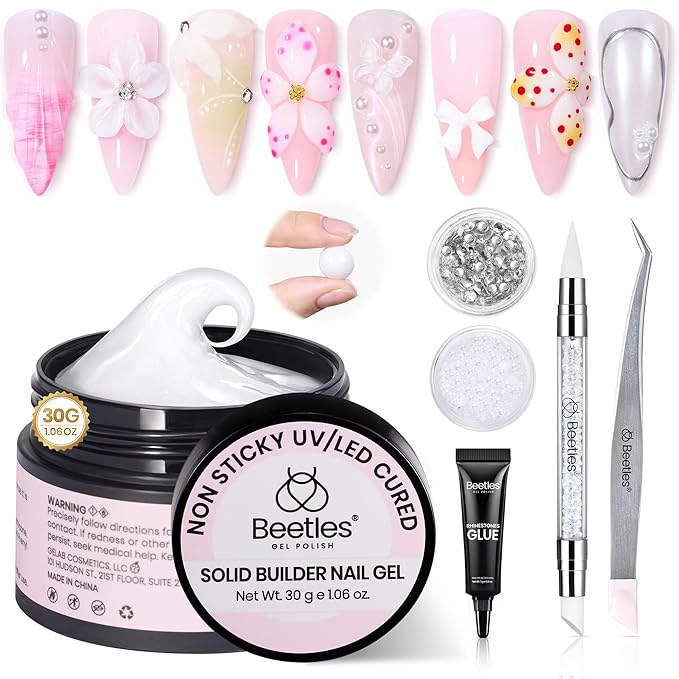 Beetles 3D Gel Nail Art-Snowy Cone 5 in 1 Non-Sticky Hand Extension with Rhinestones & Pearls & Glue Double-Head Pen for Women DIY Salon,White Solid Builder Nail Gel, UV&LED Lamp Cured Needed