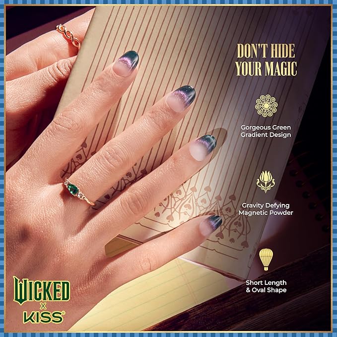 WICKED X KISS Press On Nails, ‘Don't Hide Your Magic’, Green, Short Oval, Waterproof, Chip Proof, Smudge Proof, 28 Fake Nails, Pink Gel Nail Glue (2g), Mini Nail File, & Manicure Stick