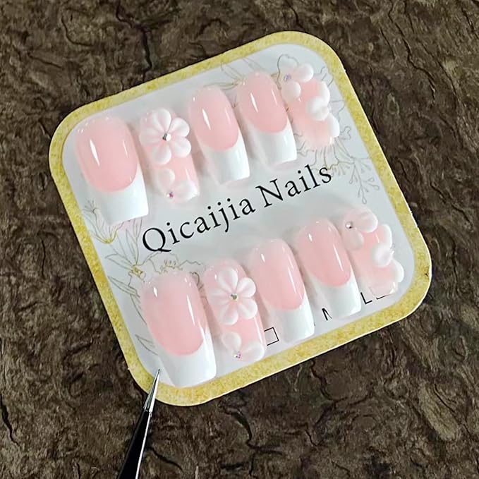 Luxury Press on Nails Medium Square Handmade Fake Nails 3D Flower Embossed False Nails White French Tip Acrylic Nails Press Ons with Designs Pink Full Cover Artificial Nail for Women 10Pcs(Size M)