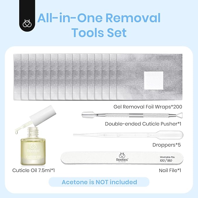 Beetles Gel Polish Remover Nail Foil Wraps 200Pcs, Nail Gel Removal Tool for Soak Off Gel Polish with Thicken Large Cotton Pad, Cuticle Oil & Cuticle Pusher, Droppers for Manicure Care