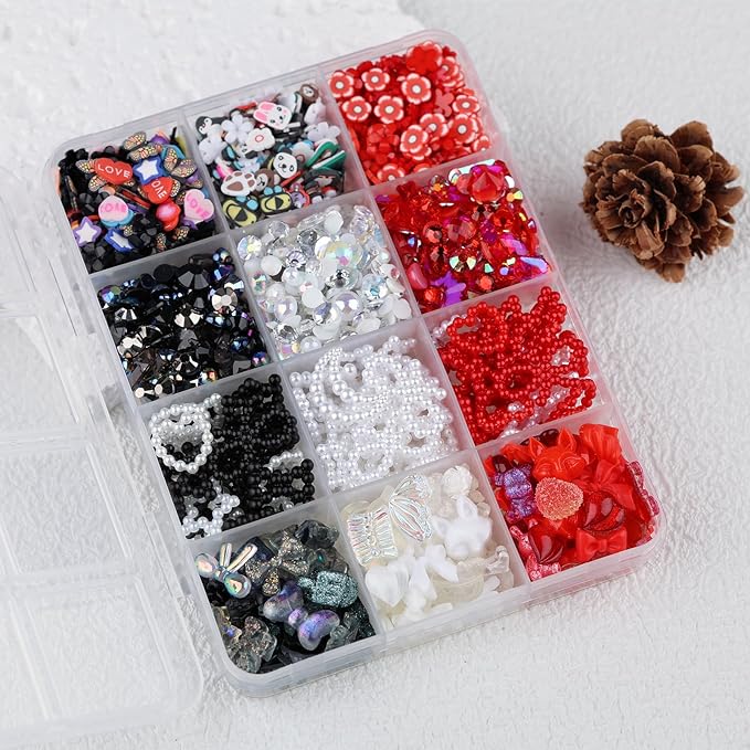 2050 Pieces 3D Butterfly Rose Flower Bow Rabbit Bear Nail Charms Kit with Nail Art Rhinestones Pearls Crystal Gems Nail Slices for Manicure DIY Crafts Jewelry Accessories (Black White Red)