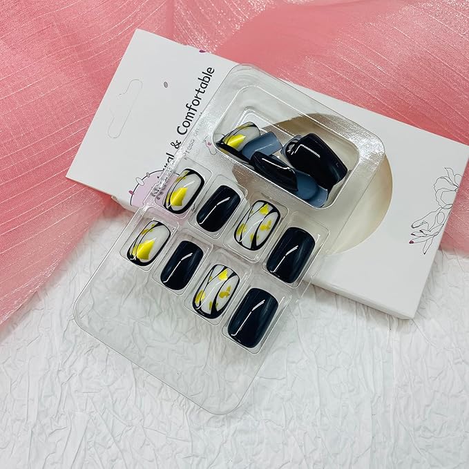 Square Press on Nails Short Fake Nails with Designs Gold Foil Stick on Nail Black French Acrylic False Nail Glossy Artificial Nail Full Cover Glue on Nails for Women 24Pcs