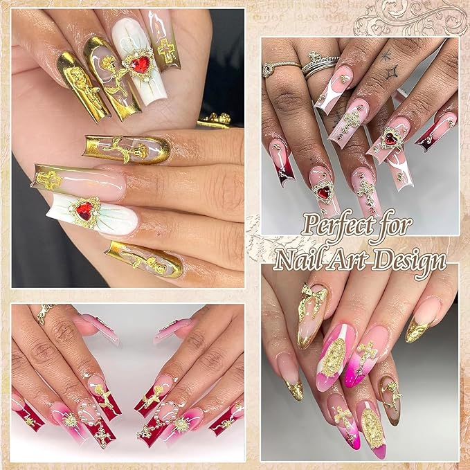 80+ Pcs Golden Nail Charms with Nail Art Rhinestones Gold Cross Virgin Mary and Rose Heart Nail Gems for Acrylic Nails Accessories for Women Manicure Craft DIY Decorations Supplies
