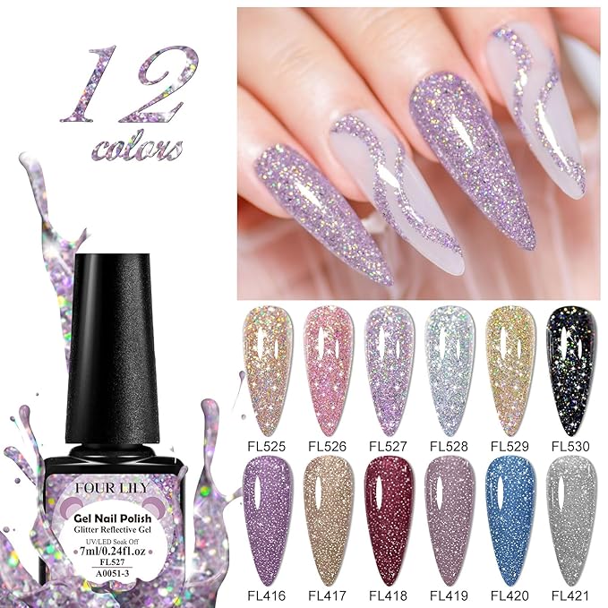 Reflective Glitter Gel Polish 12 Pcs, Flash Dimond Black Gold Silver Nail Polish Sparkly Shiny Nail Art UV LED Curing Need Nail Gel for Manicure DIY and Salon 7ML