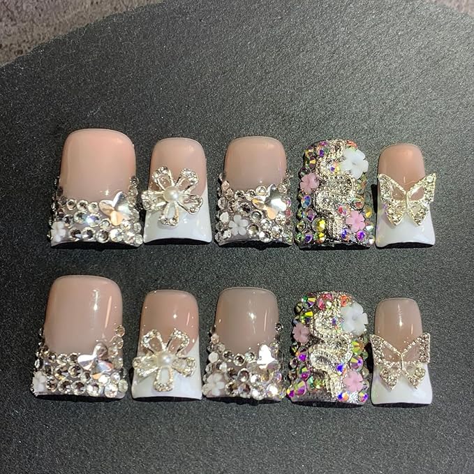 Flower Press on Nails Short Duck False Nails 3D Luxury Handmade Fake Nail with Rhinestone Butterfly Design Full Cover Thicked Acrylic Nail White French Tip Stick on Nails for Women (Size S)