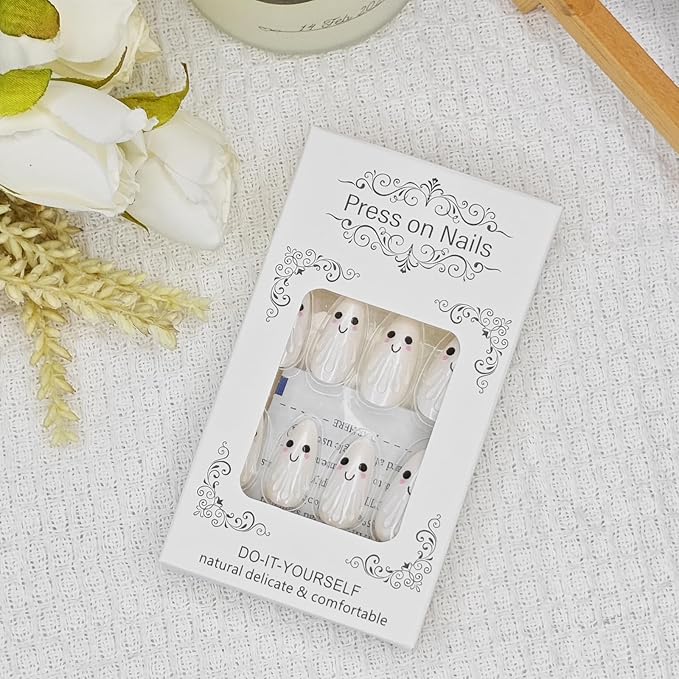 Halloween Press on Nails | Medium Almond Fake Nails with Smiling Ghost Designs,Reusable, Glossy Acrylic | 12 Sizes - 24 Nail Kit with Jelly Glue