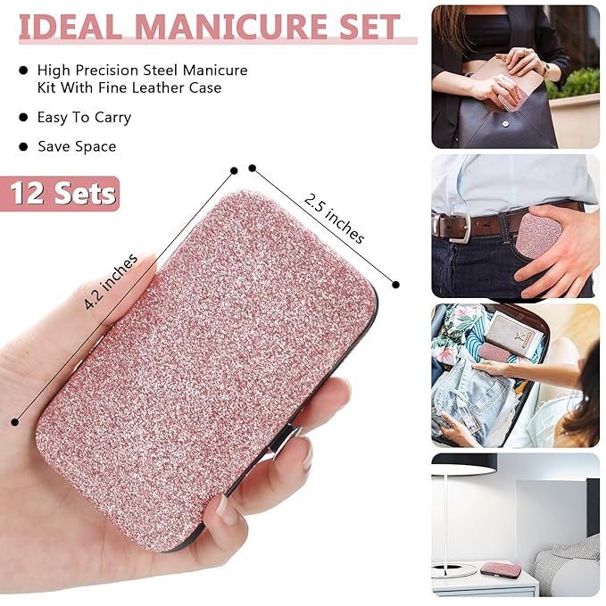 Geosar 12 Sets Manicure Set Nail Clippers Pedicure Kit 8 in 1 Grooming Stainless Steel Kits Nail Care Tools with Travel Case for Employee Coworker Teachers Nurse Gifts(Glitter Pink)