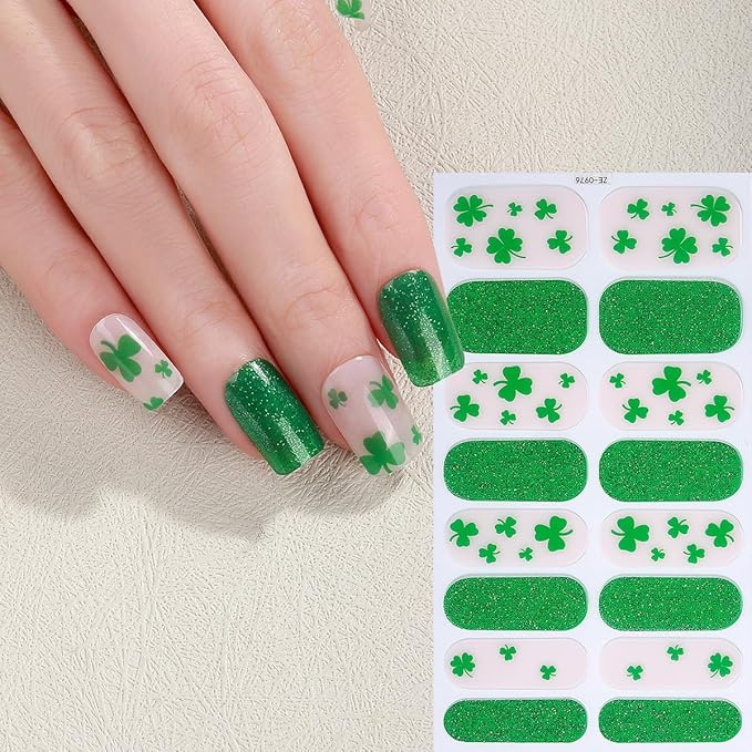 4 Sheets St Patrick’s Day Gel Nail Stickers for Nail Art Green Shamrock Gel Nail Polish Strips Clover with Glitter Design Irish Stickers Full Wrap Gel Nail Strips Sticker for Women Manicure Salon