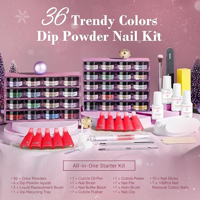 AZUREBEAUTY 170Pcs Dip Powder Nail Kit, 36 Colors Fall Winter Red Glitter Brown Christmas Dipping Powder Starter with Top/Base Coat Activator & Removal Accessories Set for French Manicure Salon