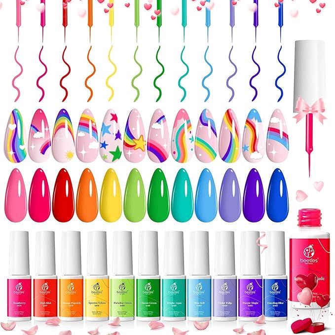 Beetles Rainbow Gel Liner Nail Art Set 12 Colors Neon Gel Nail Polish Pink Orange Blue Yellow French Tip Nails Built Thin Nails Art Brush in Bottle Soak Off Uv Lamp Manicure Salon Gifts for Women