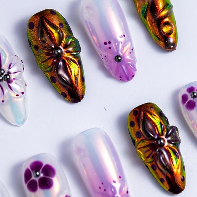 10 Pieces Handmade Press On Nails Medium Almond, Purple Thickened False Nails With Floral Decoration, Reusable Fake Nails Almond, Reusable Acrylic Nails (M)