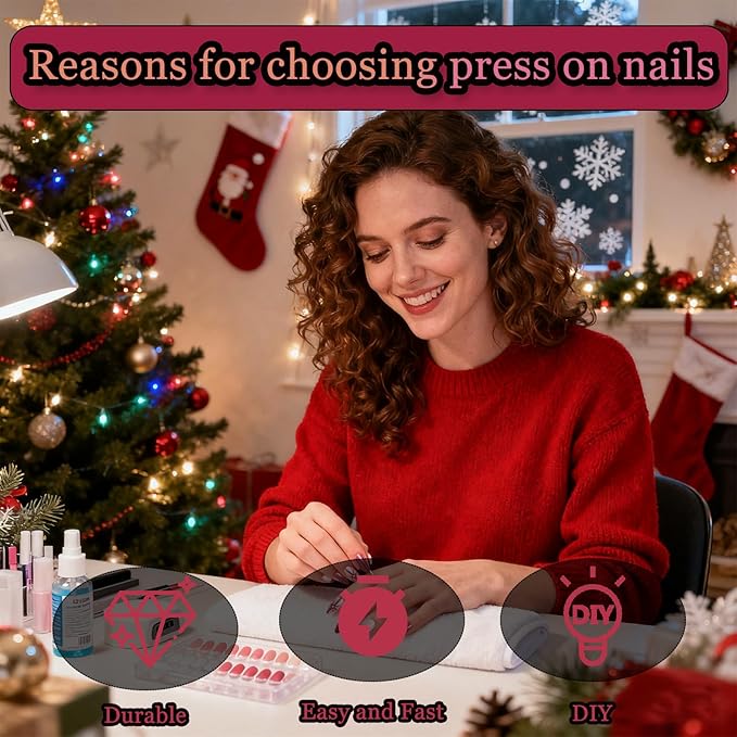 24pcs Red French Tip with Bow Medium Almond Press On Nails, Reusable Nail Kit with Adhesive Tabs, 11 Sizes (Red Bow)