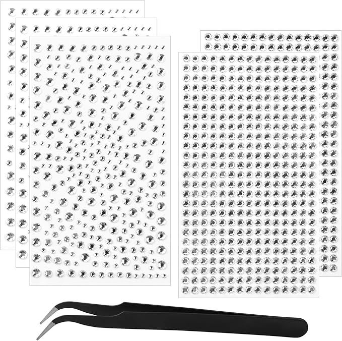 Nail Art Rhinestones 1725pcs Crystal Gem Stickers Jewels for Nails, Crafts, 4 Sizes Flat Back Round Self Adhesive Bling Jewels Stickers with Tweezer for Phone Case, Earrings, DIY(5 Sheets)
