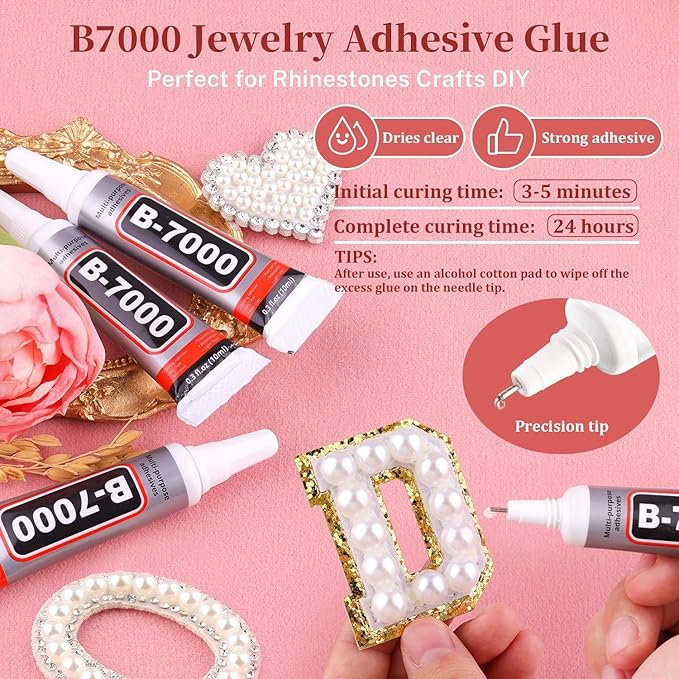 Flatback Pearls for Crafting with 3Pcs 10ml B7000 Jewelry Glue, 2 Boxes of Half Round Beige and White Pearls, Bedazzling Beads for DIY Crafts Clothing Tumblers Shoes Embellishment Nail Art