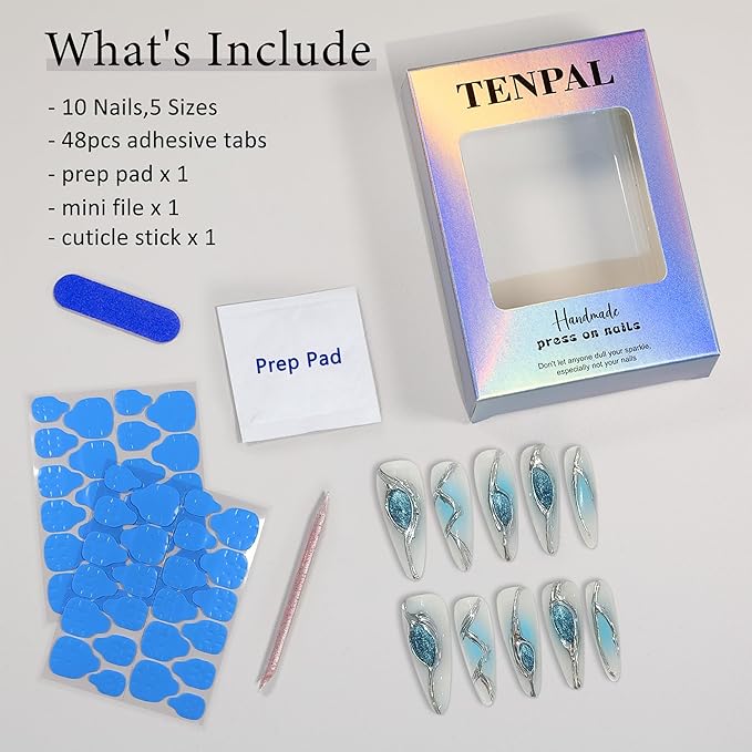 10PCS Long Stiletto Press on Nails with Tools Kit - Icy Ocean Blue Cat Eye & Metallic Liquid Design Glue on Nails | Rebel Glam 3D Relief Fake Nails | Long Sparkling Mermaid False Nails(XS)