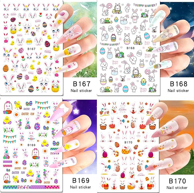 Easter Bunny Nail Art Stickers Decals 3D Self-Adhesive Nail Art Accessories Cartoons Rabbit Animal Flower Designs Sticker Lovely Rabbit Manicure DIY Nail Decorations 12 Sheets