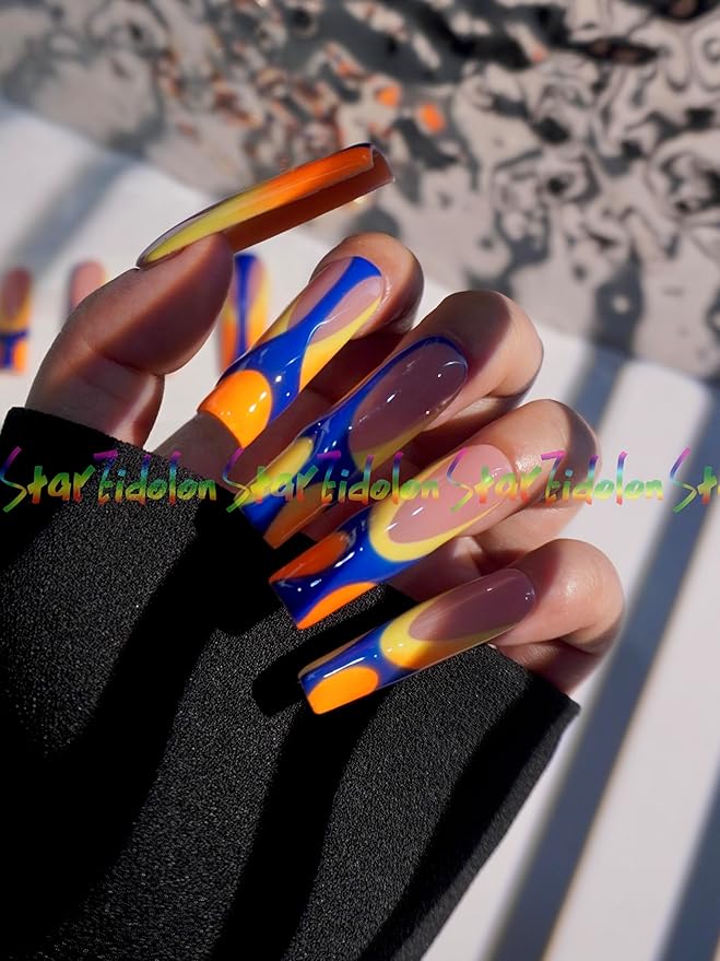 HAND-PAINTED White Press Ons Neon Small Press on Nails Long French Press on Nails Coffin Medium Short Nail art Fake Nail Art Kit with 7g Glue on Nails Handmade Almond Square Nails (TJ-10, Custom)