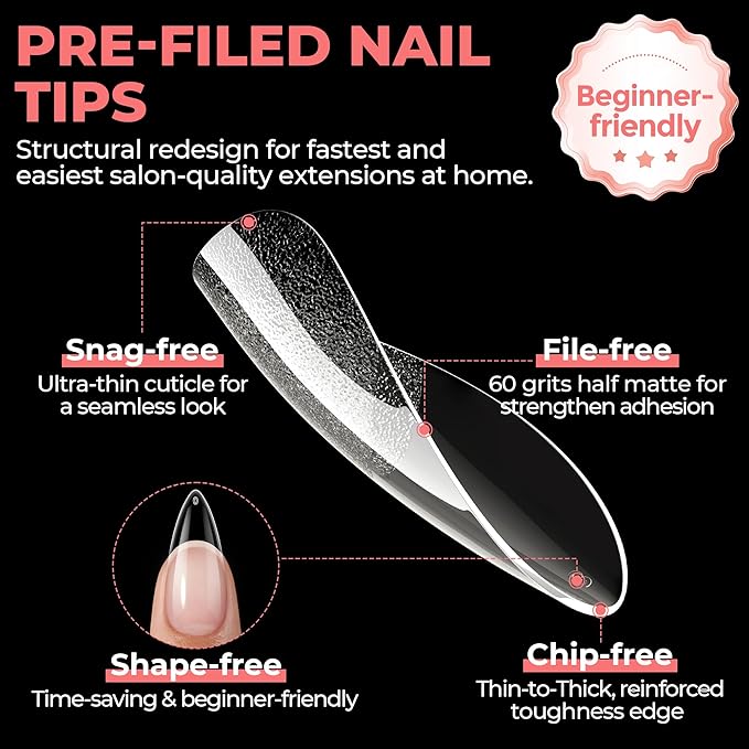 UNA GELLA Stiletto Gel Nail Tips: Full Cover 312Pcs No C Curve Halloween Stiletto Nail Tips Pre-buff Press On Nails Half Matte Almond Gel Tips for Nail Extension DIY Salon 12 Sizes