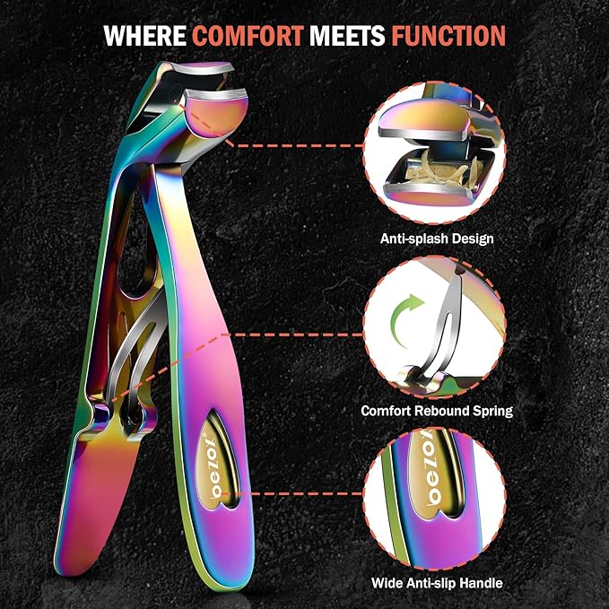 BEZOX Toe Nail Clippers for Seniors - Ergonomic Toenail Clipper for Thick Nails for Seniors, Angled Head Fingernail Clippers with Catcher for Men and Women - Rainbow
