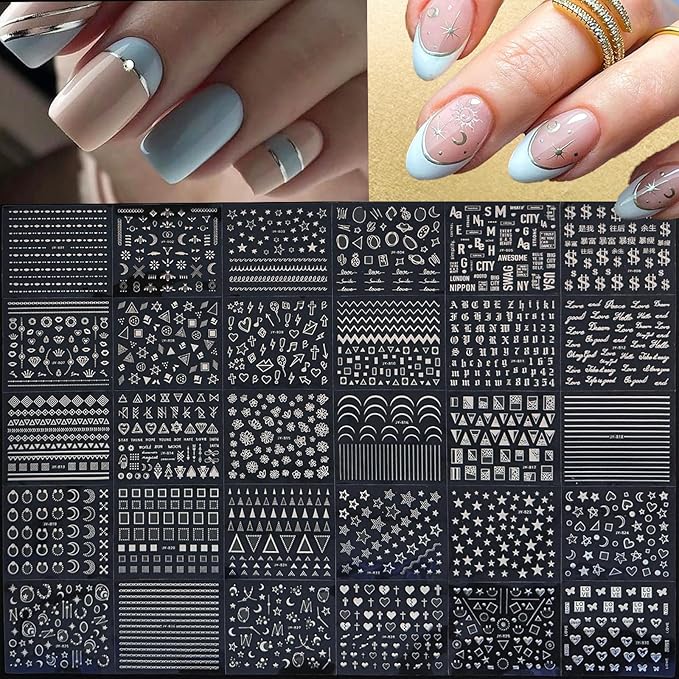 90 Sheets Silver Nail Art Stickers Holographic Laser Silver Nail Decals 3D Self Adhesive Nail Stickers for Nail Art Designs Star Line Flower Nails Supplies for Women Nail Decoration with Nail Tweezer