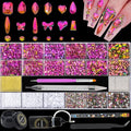 Nail Rhinestones Kit 9080PCS Flatback Rhinestones for Nail Crystals Decoration Nail Hearts Multi Shapes Mix Size Metal Beads Pearl Gold Silver with Glue Gel and Pen Brush Tweezers (Flame Red)