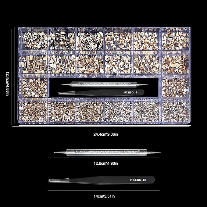 12 Types of 600 Champagne Diamonds + 2500 Flat Rhinestones Mix 20 Styles Flatback DIY Crafts Rhinestone Crystals 3D Ornament‌s Flat Back Stones Set + Tweezers + Drill Pen