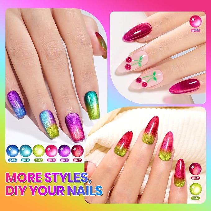 Beetles Fairy Prism Cat Eye Gel Nail Polish Set - 6 Colors Glitter Cat Eye Gel Polish Kit Red Green Blue Pink Purple Magnetic Shine Soak Off UV Salon DIY Manicure Spring Gift for Women