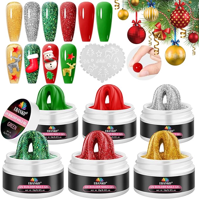 EBANKU Solid Builder Gel for Nails, 6 Colors Nail Extension Sculpture Gel for Nail, Valentines Red Green Gold Silver Glitter Non-Sticky Carving Modeling Nail Art