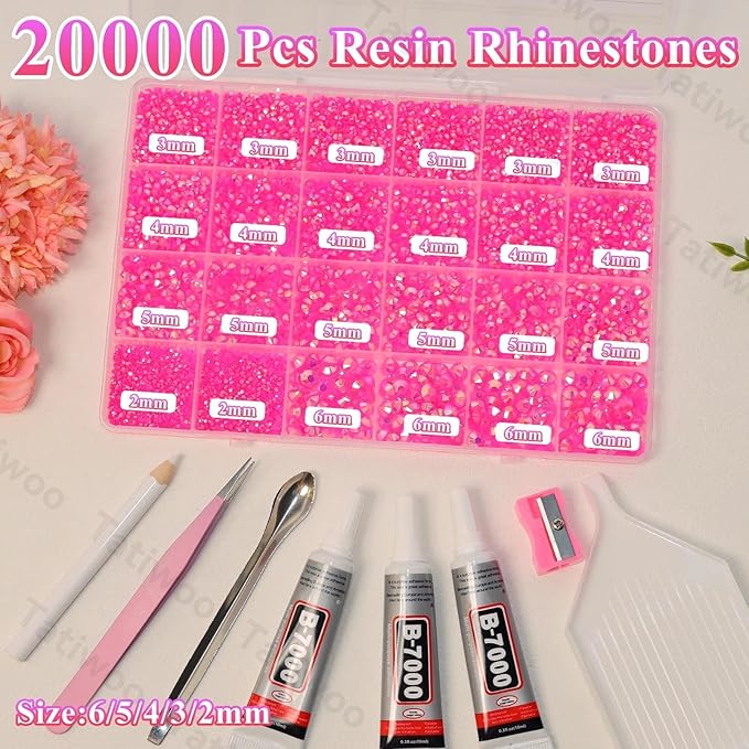 20000Pcs Hot Pink Flatback Jelly Resin Rhinestones for Bedazzling, Mix Sizes Crystal Rhinestones Gems, Hot Pink Gems Bedazzling for Crafting, Flatback Rhinestone for DIY Face Makeup Crafts Tumblers