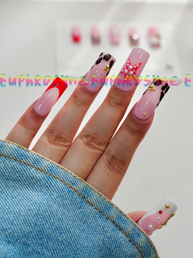Euphrosyne Pink Jelly Press On Nails – Y2K Red French Tips with Punk Leopard Charms | 10pcs Cute Handmade Fake Nails for Daily & Party Use