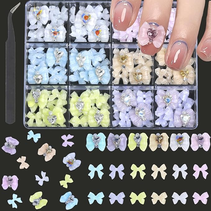 HNUIX Bow Nail Charms - Champagne, AB, White, Heart Rhinestones for Acrylic Nails, with Kit, for Nail Art, DIY Crafts Decor