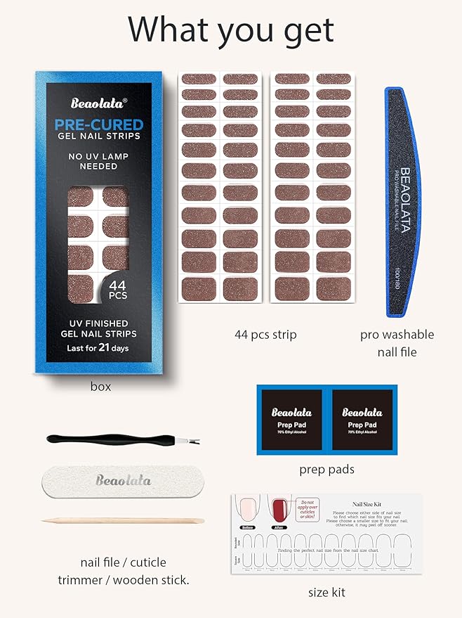 Real Gel Nail Strips (No UV Light Needed) - 44Pcs Salon Quality Nail Stickers - Long Lasting Polish Wraps for Women, Easy Apply & Remove (Liquid Shimmer Gold)