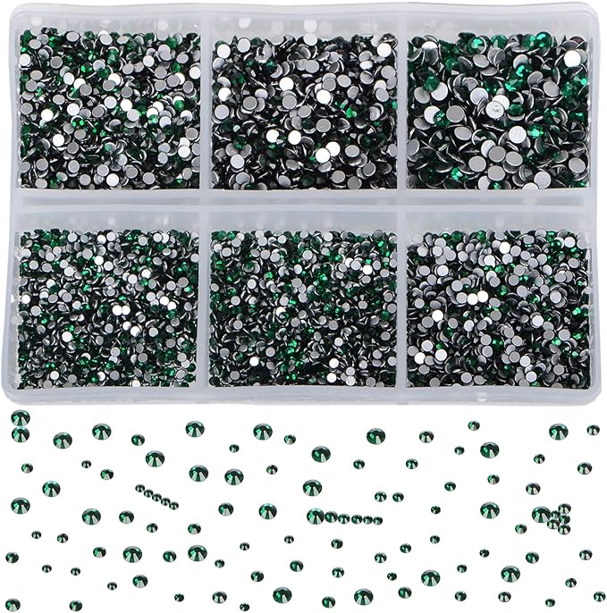 Bymitel 7200 Pieces 6 Mixed Sizes Glue Fix on Glass Rhinestones Round Crystal Gems Flatback for DIY Jewelry Making with one Picking Pen(6-Sizes 7200PCS, Emerald)