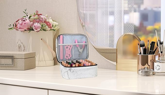 Nail Polish Organizer- Holds 30 Bottles Nail Supply Organizers and Storage Double-layer Nail Bag Organizer Case Nail varnish Organizer Nail Polish Storage Bag with Handle (White-a)