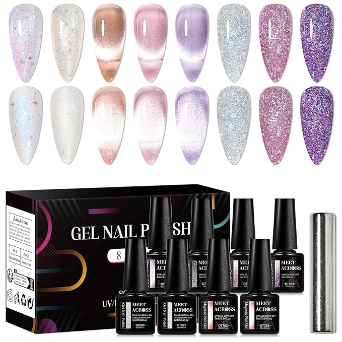 MEET ACROSS 8pcs Gel Nail Polish Set, UV LED Lamp, Nail Art Kit (7ml Cat Eye Glitter Gel Polish)