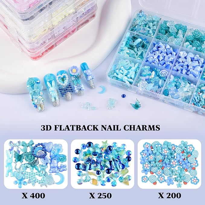 850 Pieces 3D Butterfly Rose Flower Bow Rabbit Bear Nail Charms Kit with Nail Art Rhinestones Pearls Crystal Gems Nail Slices for Manicure DIY Crafts Jewelry Accessories (Blue)