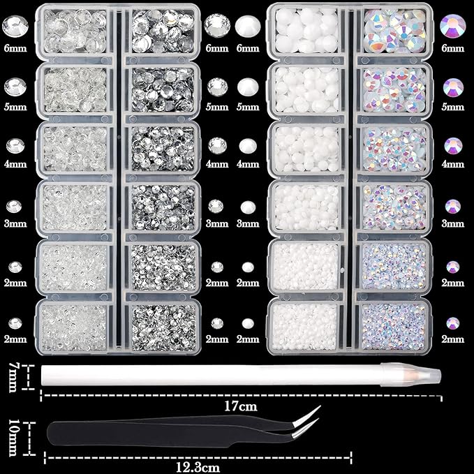 15000PCs 2-6MM White Series Resin Flat Back Rhinestones, Round Non Hotfix Jelly & Silver Bottom Resin Rhinestones Nail Gems Stones with Tweezer & Picker Pen for Nail Art Tumblers & DIY Crafts