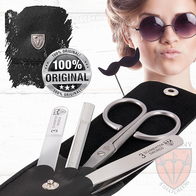 3 Swords Germany - brand quality 3 piece stainless steel INOX manicure pedicure grooming kit set for professional finger & toe nail care scissors file tweezers genuine leather case in gift box (03881)