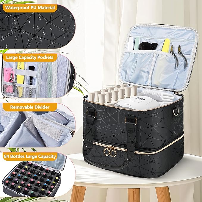 Large Nail Polish Organizer Bag Holds 84 Bottles Nail Polish and a Nail Lamp, PU Leather Nail Kit Storage Carrying Case, Removable Portable Travel Nail Art Tool Storage