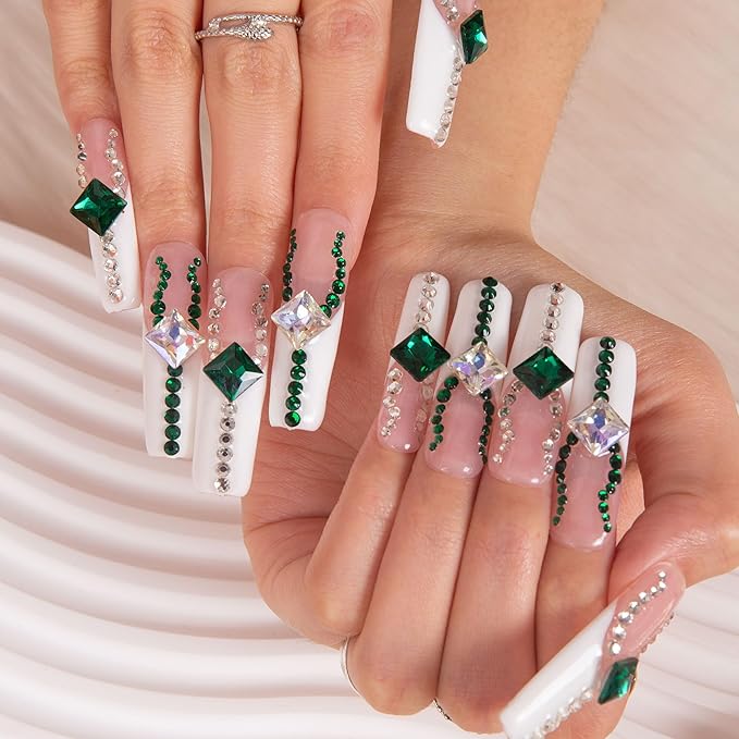 LOVFUL Press on Nails Crystals Magic| Handmade with Full Covered Crystals| Reusable Fake Nails| Square Mid length 1.7in| H43-S